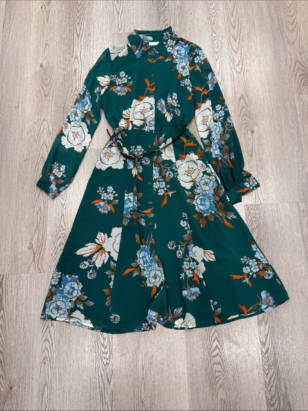Eva mendes New York & Company Teal Green Floral Button-Front Fit & Flare Dress